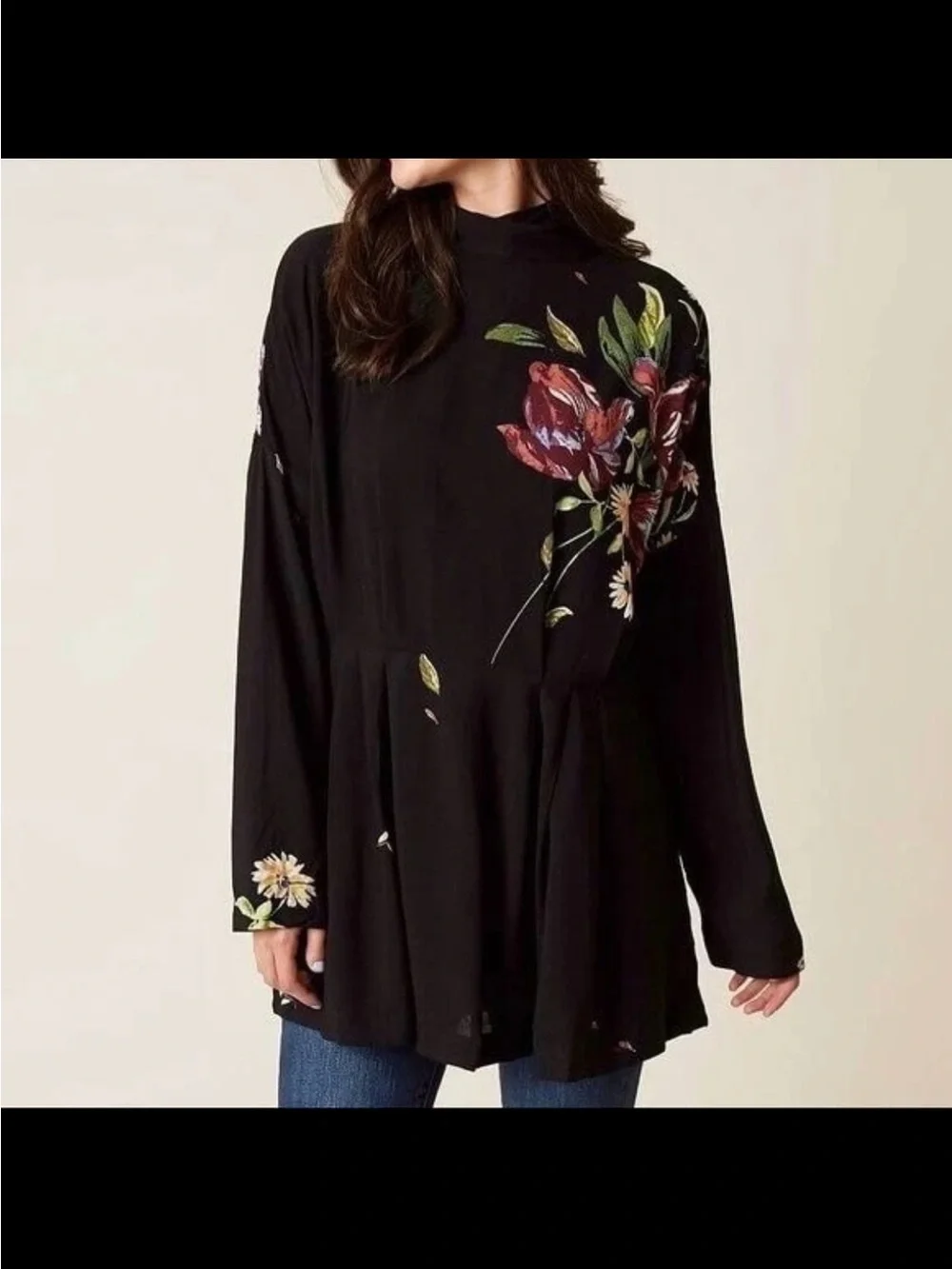 Free People Gemma Tunic Mini Dress Black Floral High Neck Open Back Tie Large
